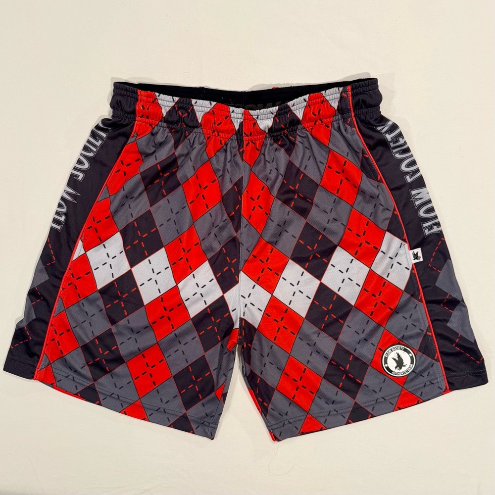 New Flow Society Lacrosse Shorts Mens Medium Red Gray Black Argyle Attack Summer